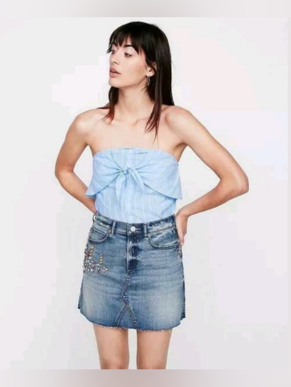 Express Embellished Light Blue Denim Mini Skirt with rhinestones - Picture 2 of 6